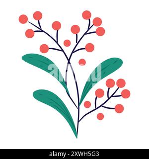 Simple, stylized floral branch with red berries and green leaves. Perfect for minimalist designs, branding, and social media graphics. Stock Vector