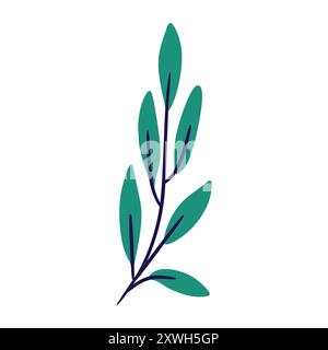 Simple, stylized olive branch with seven leaves in shades of green and blue. Perfect for minimalist designs, branding, and social media graphics. Stock Vector