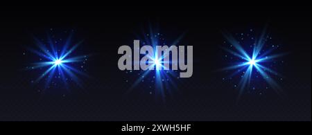 Blue lens flare, shiny star effect, glowing spark, magic twinkle, abstract galaxy gleam isolated on dark background. Stock Vector