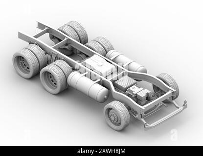 Clay rendering of FCV Semi truck chassis on gray background. Fuel cell hydrogen system with stack, battery, H2 gas tanks and motor. 3D image. Stock Photo