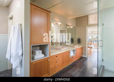 Modern upscale bathroom with beautiful natural stone features Stock Photo