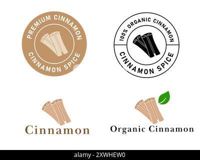 cinnamon flavor spice ingredient food condiment aromatic seasoning label design icon logo collection Stock Vector