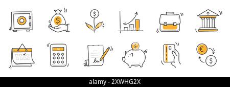 Money finance doodle hand drawn icon set. Finance business, money, bank sketch drawn cute trendy doodle icon. Business bank sketchy calculator, increase economic goal elements. Vector illustration Stock Vector