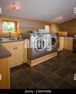 High Rise Daundry Laundry room with front load washer and dryer on platform and dog lying ...
