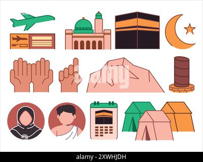 Islam hajj umrah pilgrimage holy kaaba religion trip destination moslem obligation design icon collection Stock Vector