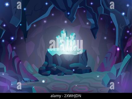 Magic underground cave or cavern landscape with gems, crystals and rocks around in mountain, fantasy game background, adventure concept, cartoon vecto Stock Vector