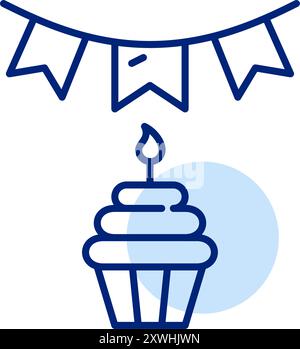Celebration garland and cupcake with candle. Baby first birthday party. Pixel perfect, editable stroke vector icon Stock Vector