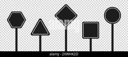 Set of round, square, rhombic, triangular and hexagonal black road signs. Vector illustration of icons for warning about the situation on the road. Tr Stock Vector