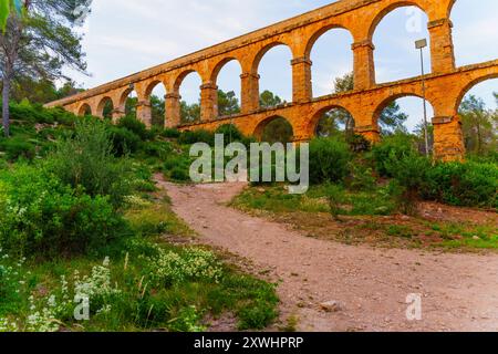 Serene environment surrounding the Roman aqueduct known as Devil's Bridge in Tarragona, featuring winding paths and lush vegetation enhancing its beau Stock Photo