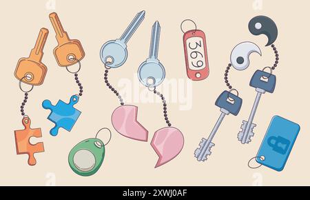 House or car door key on metal ring with keychain in form of heart halves, puzzle parts, yin and yang symbol, room number. Home, apartment or hotel lock equipment with holder. Cartoon vector set. Stock Vector