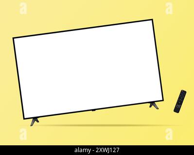 TV screen with remote control floated on yellow background. Vector illustration. Stock Vector