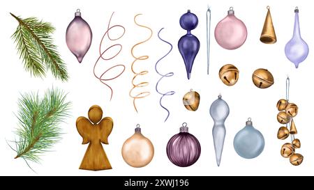 New Year's toys set of bronze bells, pine branch, wooden toy in watercolor illustration isolated on white. Christmas decoration and serpentine hand dr Stock Photo