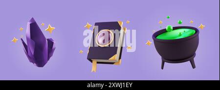 Magic fantasy witch elements and tools - wizard spell book, crystal and green potion with bubbles in black cauldron with decorative stars and sparkles. Realistic 3d vector mystery game icons set. Stock Vector