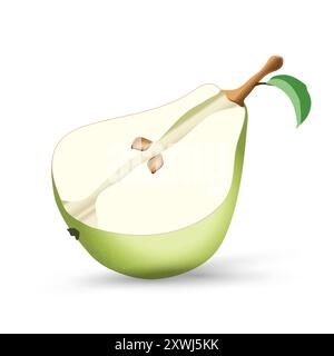 A Realistic green half of pear fruit concept, pear half isolated on the white background. vector illustration realistic 3D fruit design Stock Vector