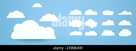 white clouds Group, set of white clouds collection elements, clouds, severial different styles clouds caroon style, in a flat design Stock Vector