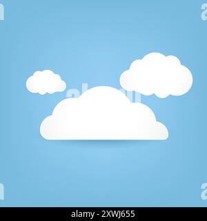 Set of white Clouds on bright blue color. Abstract white cloudy cartoon element of white cloud isolated on blue background. Vector illustration Stock Vector