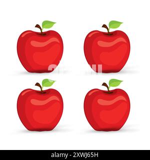 Four red apple fruits icon vector. Fresh apple fruit object, element on isolated white background, healthy fruits concept Stock Vector