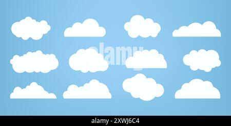 Group of clouds caroon style, in a flat design and white clouds collection for Set of paper cut of white clouds, clouds element Stock Vector
