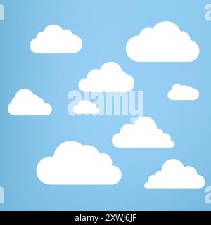 White Couds elements on light blue sky, soft clouds on isolated blue background, and Groups of white Clouds collection in flat design styles, cloud co Stock Vector