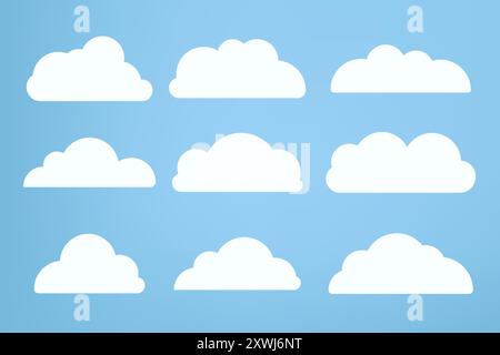 Set of Nine white clouds object used in cloud concepts, clouds element, clouds caroon style, in a flat design. White cloud collection Stock Vector
