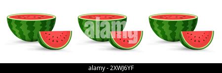 Watermelons organic fruit in half cut, slices and triangle. Red watermelon piece vector, illustration Stock Vector