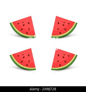 Four pieces cut sliced watermelon, clipart, vector, cartoon fresh green watermelon pieces, 4 pieces red watermelon on isolated background. vector, ill Stock Vector