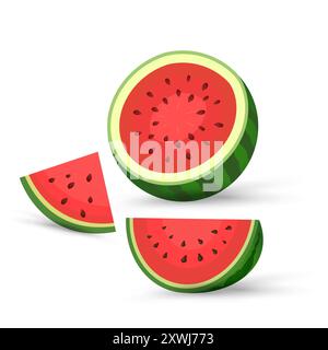 Opened cut watermelon, clipart, vector, cartoon fresh green watermelon half, three pieces red watermelon slices. vector, illustration fruits Stock Vector