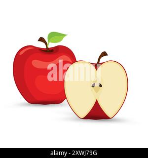 Set of apples fruit, apple with leave in vector and various styles. Two Fresh apple fruit cut object, element on isolated white background, healthy fr Stock Vector