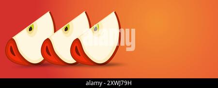 Three Apples slice pieces banner, a banner of three cut into pieces of apple banner, banner for red fruity apples on isolated gradient red and yellow Stock Vector