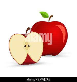 Vector apples part, cut, slice in set on Isolated white background, Group of four apples on a white background, red apples, apple slices, apple slices Stock Vector