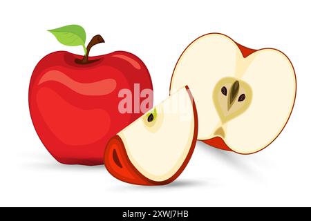 One red apple with a half cut apart and with one cut part of red fruity apple on isolated white background, healthy fruit concept, and Set of apples f Stock Vector