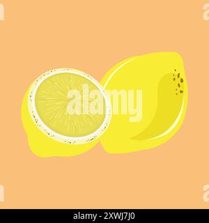 Yellow lemon with a piece of lemon sliced and cut Stock Vector