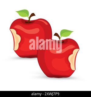 Two Bitten red apple fruits icon vector. Red apple fruit has bit icon on isolated white background Stock Vector