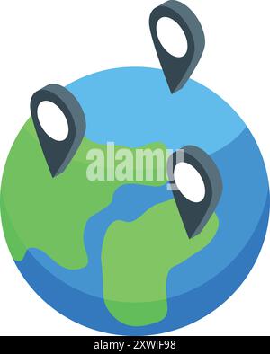 Stylized planet earth globe featuring multiple destination location pins, representing worldwide travel and exploration Stock Vector