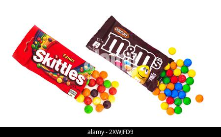 2024: Skittles (by Mars) fruit dragee on white Stock Photo
