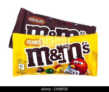 2024: M&Ms (by Mars) chocolate nut dragee, on white Stock Photo