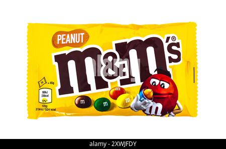 2024: M&Ms (by Mars) chocolate nut dragee, on white Stock Photo