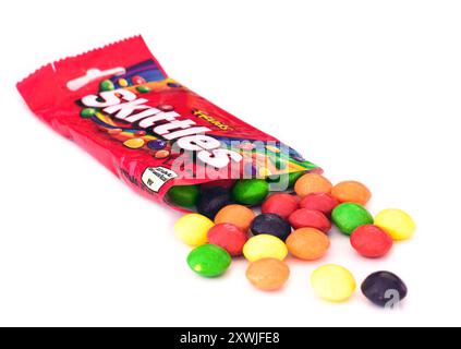 2024: Skittles (by Mars) fruit dragee on white Stock Photo