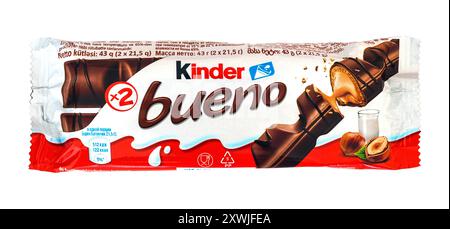 2024: Kinder bueno (by Ferrero) chocolate bar, on white Stock Photo