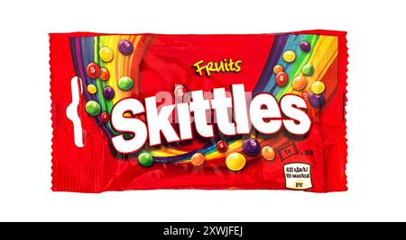 2024: Skittles (by Mars) fruit dragee on white Stock Photo