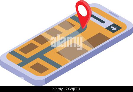 Isometric smartphone showing a map of the city with a gps pin pointing ...