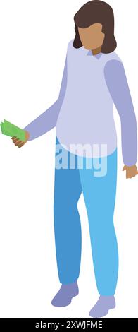 Young woman is holding cash, depicted in a modern isometric style Stock Vector