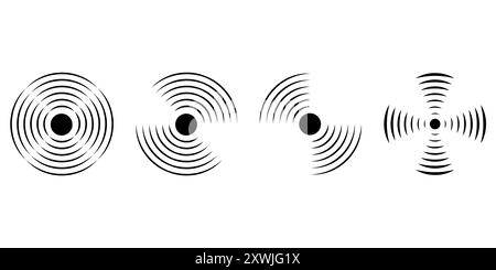 Set of circular ripple icons. Concentric circles with broken lines isolated on white background. Vortex, sonar wave, soundwave, sunburst, signal signs Stock Vector