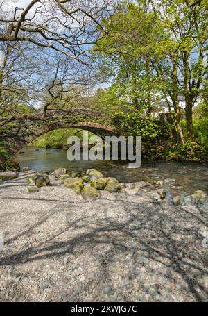 Stone bridge across River Derwent in spring Longthwaite Borrowdale Valley Lake District National Park Cumbria England UK United Kingdom Britain Stock Photo