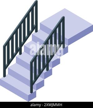 Stone staircase with a metal railing is shown going up in an isometric view Stock Vector