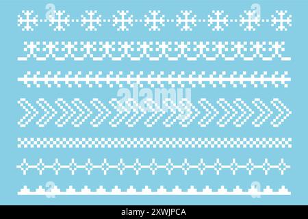 Pixel Border snowflake winter decoration elements. Divider patterns y2k. Simple minimal. Holiday Chirtmas frame. Vector illustration Stock Vector