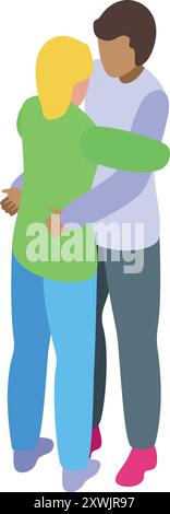 Young interracial couple is shown hugging each other Stock Vector