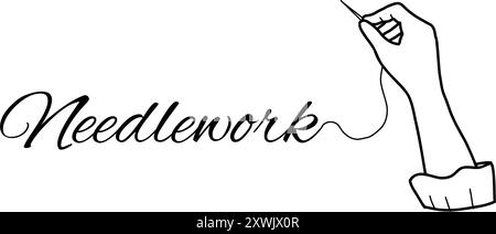 Needlework Concept. Embroidering Female Hand holding Needle with Thread isolated on a white background. Hand drawn Vector Illustration. Vintage style Stock Vector