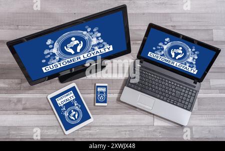 Customer loyalty concept shown on different information technology devices Stock Photo