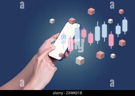Composite trend artwork sketch collage of cyberspace hologram monitor futuristic hand hold smartphone stats trader online finger touch Stock Photo